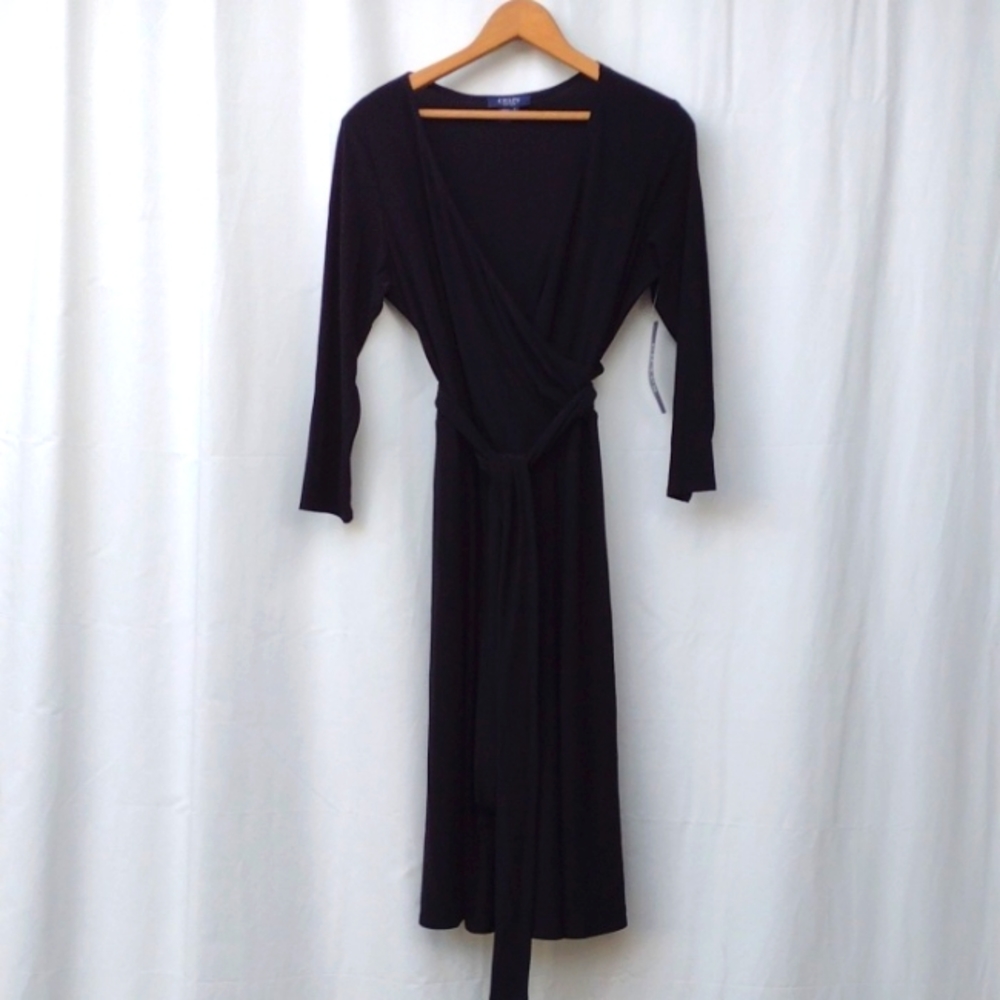 Chaps Black Faux Wrap Midi Dress Women's Large